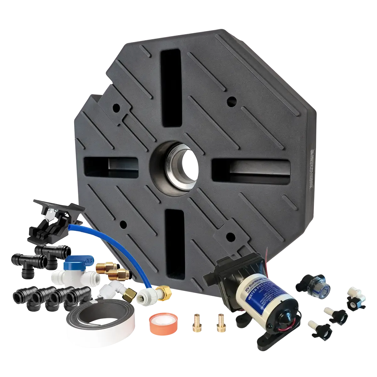 Tuff Terrain Spare Wheel Underbody Water Tank - 35L with Seaflo RV Supreme MK2 12v Water Pump 11.3lpm & John Guest fitting kit