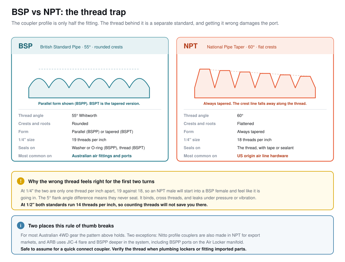 Comparison diagram of BSP and NPT threads showing BSP with a 55 degree Whitworth profile, rounded crests and 19 threads per inch at quarter inch size, against NPT with a 60 degree profile, flattened crests, an always tapered form and 18 threads per inch at quarter inch size