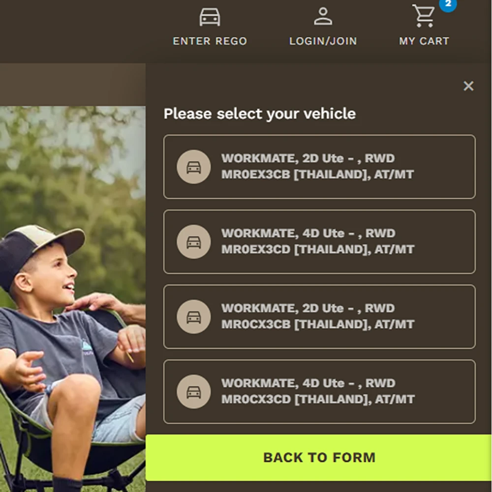 The Please select your vehicle list showing variants matched to one number plate