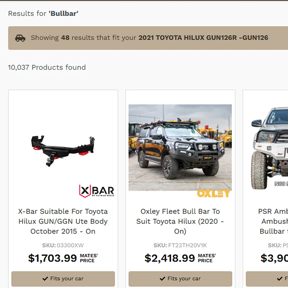 Search results filtered to a saved vehicle with a Fits your car badge on a product