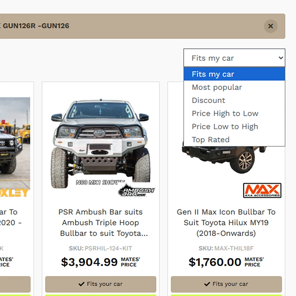 The sort dropdown open with Fits my car selected alongside Most popular