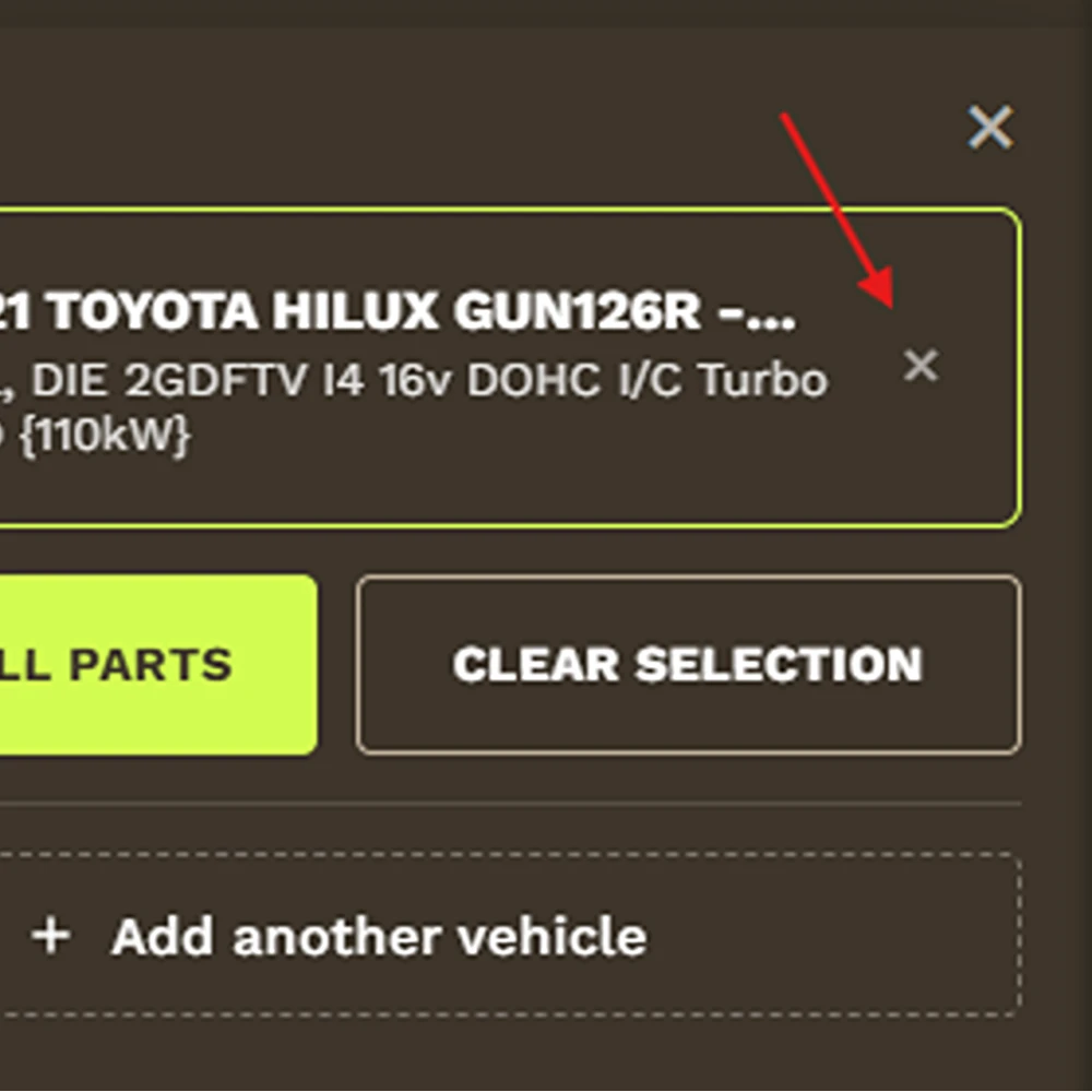A saved vehicle tile in the garage with the small remove cross on the right