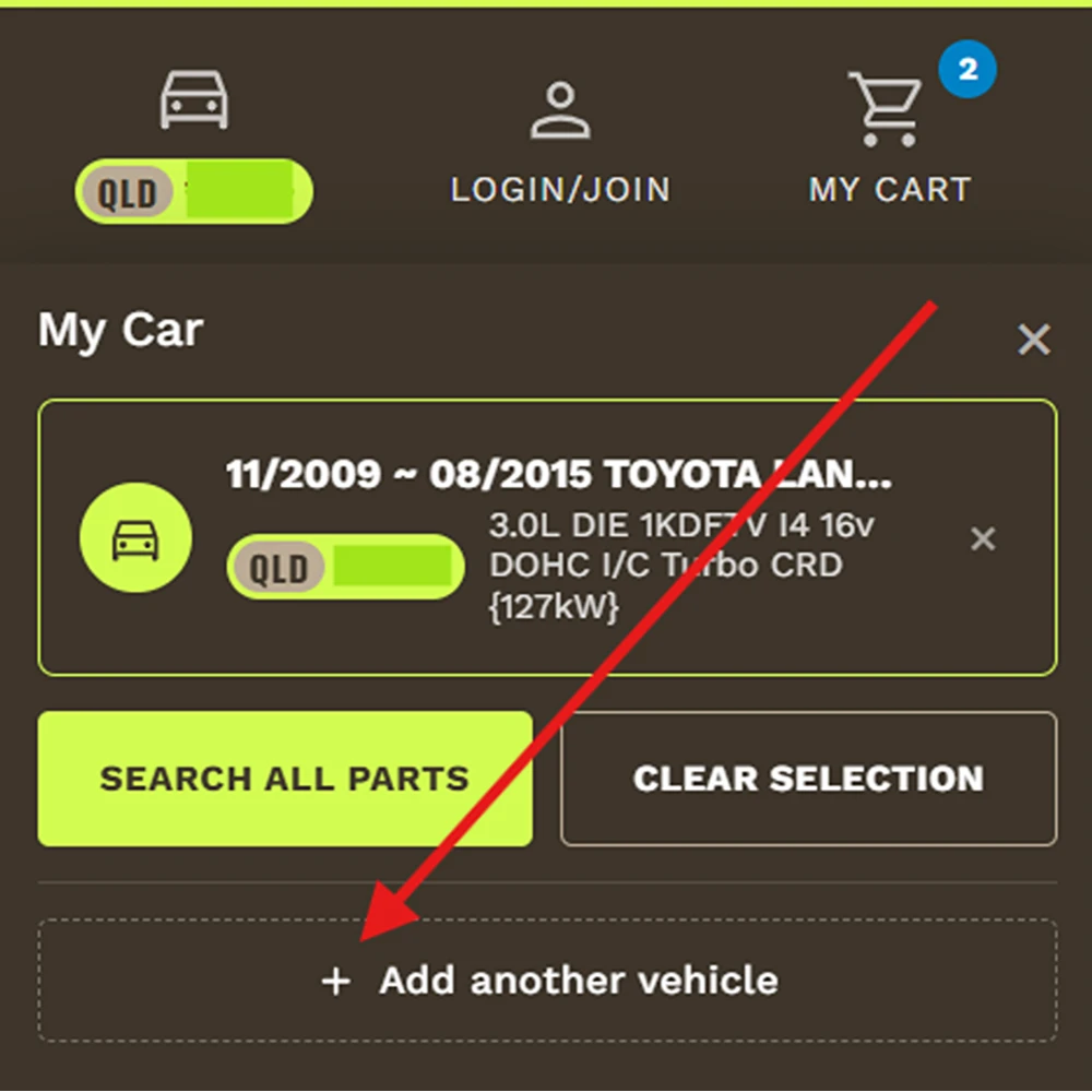 The Add another vehicle button at the bottom of the garage panel