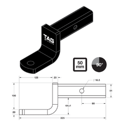 TAG Tow Ball Mount - 203mm Long, 90° Face, 50mm Square Hitch