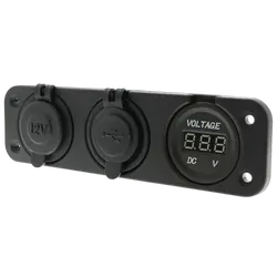 3 Way Flush Mount Socket With 1 X Cigarette Socket, 1 X Usb Socket & 1 X Voltmeter