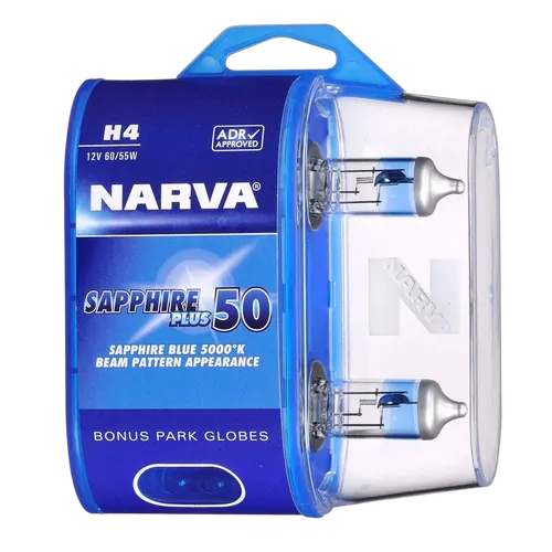 Narva H4 12V 60/55W Sapphire Plus 50 Halogen Headlight Globes (Bl2)