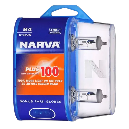 Narva H4 12V 60/55W Plus 100 Longer Life Halogen Headlight Globes (Bl2)