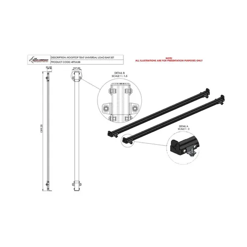 The Bush Company Load Bar Set - Rooftop Tent Universal (pair) 1380mm complete with feet and end caps