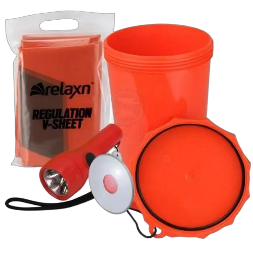 Safety equipment container incl V sheet, signal torch & mirror