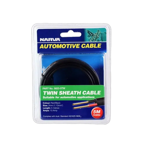 Narva 10A 3mm Twin Core Sheathed Cable (5M) Red/Black With Black Tracer