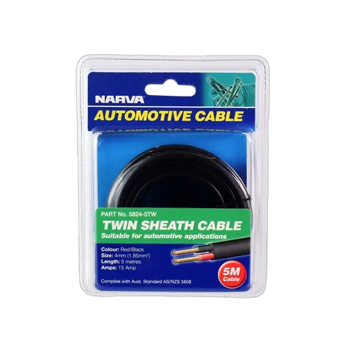 Narva 15A 4mm Twin Core Sheathed Cable (5M) Red/Black With Black Tracer