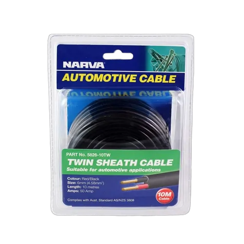 Narva 50A 6mm Twin Core Sheathed Cable (10M) Red/Black With Black Tracer