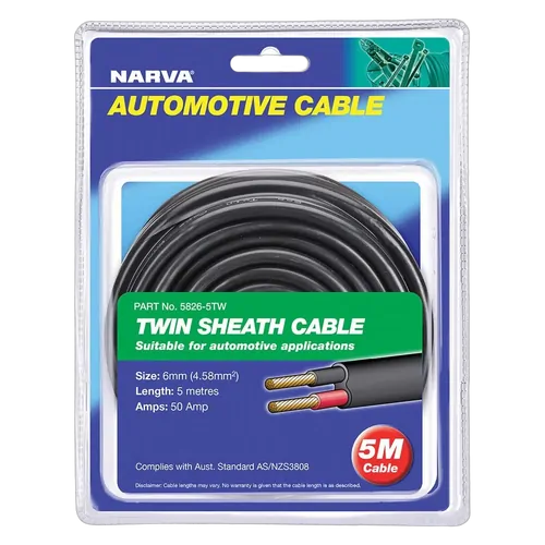 Narva 50A 6mm Twin Core Sheathed Cable (5M) Red/Black With Black Tracer
