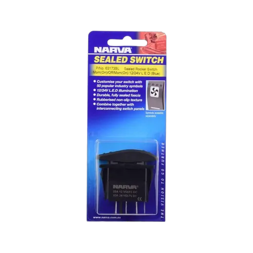 Narva 12/24V Momentary (On)/Off/Momentary (On) LED Illuminated Sealed Rocker Switch (Blue)