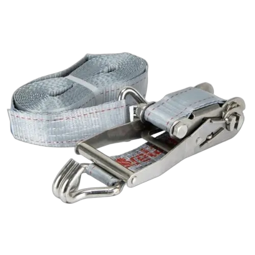 Tie down 50mm webbing x 8.0m with SS ratchet buckle & J hooks grey