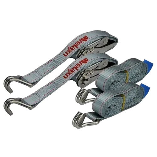 Relaxn Tie Down Ratchet Strap Stainless Steel 25mm Double J Hook - Grey Pair 1.2M +2.8M