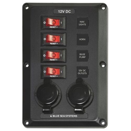 Blue Sea Systems 4 Position With 12V Sockets, Belowdeck Circuit Breaker Panel