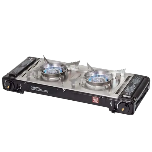 Gasmate Travelmate II Deluxe Twin Butane Stove - Black with Stainless Steel Spill Tray & Hotplate