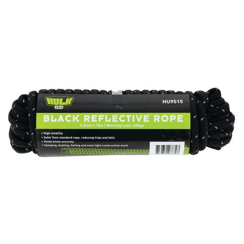 Hulk 4x4 Reflective Rope 15 Metres Black 60Kgs Working Load