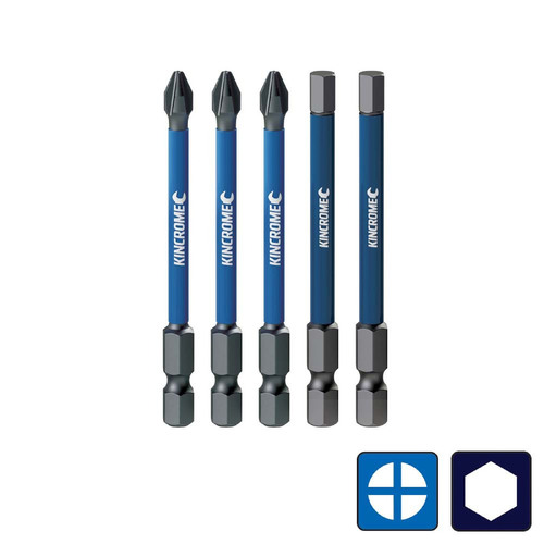 Kincrome Phillips #2 & Hex 5Mm Impact Bit Mixed Pack 75Mm 5 Piece
