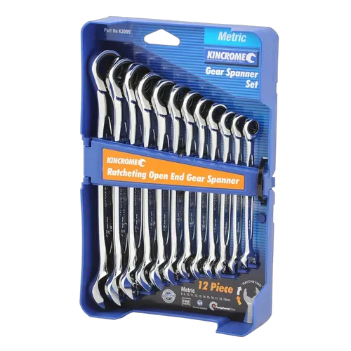 Kincrome Ratcheting Open End Gear Spanner Set 12 Piece - Metric