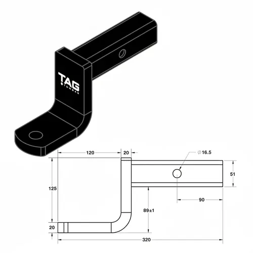 TAG Tow Ball Mount - 198mm Long, 90 Face, 50mm Square Hitch