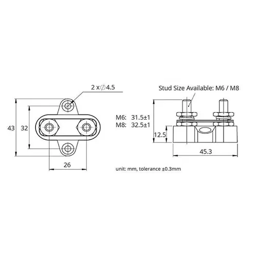 M8X32.5Mm Red Twin Power Post 48V/200A S/S Stud & Washer Tin Plated Brass Link