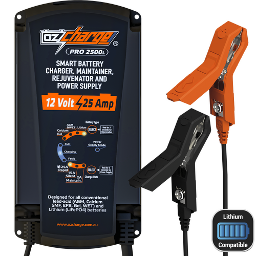 Ozcharge 12V 25A Battery Charger, Maintainer & Power Supply Pro + Lithium