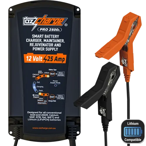 Ozcharge 12V 25A Battery Charger, Maintainer & Power Supply Pro + Lithium