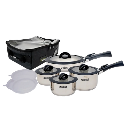 Outback Explorer Smart Storage Stainless Steel Pots & 28cm Fry Pan Set w/Storage Bag