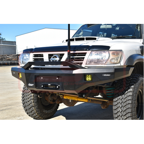 PSR Ambush Bar Nissan Patrol GU Series 1-2-3 Ambush Satin Black Sheet Metal Hoop Bar, Slimline Black Fairlead