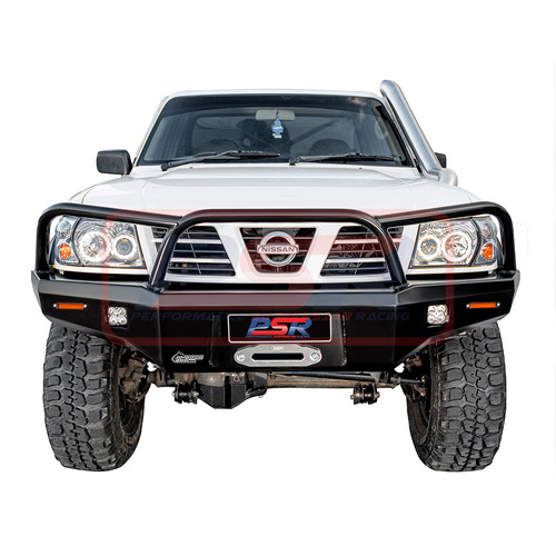 PSR Ambush Bar Nissan Patrol GU Series 1-2-3 Ambush Satin Black Triple Hoop (Angry Eye) Bar, Slimline Black Fairlead