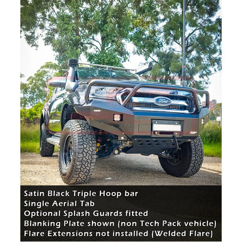PSR Ambush Bar Ford Ranger PX MK2 8/15-7/18 Ambush Satin Black Triple Hoop Bar, Pre-Runner Infill (No Body Lift), Slimline Black Fairlead, Sensors