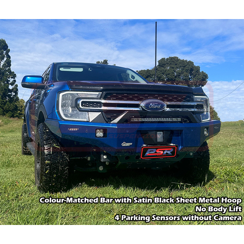 PSR Ambush Bar Ford Ranger Next Gen Ambush Satin Black Sheet Metal Hoop Bar, Infill (1" Body Lift), Splash Guards, Slimline Silver Fairlead, 4 Sensors