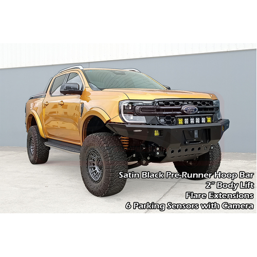 PSR Ambush Bar Ford Ranger Next Gen Ambush Satin Black Pre-Runner Hoop Bar, Pre-Runner Infill (1" Body Lift), Splash Guards, Standard Black Fairlead,