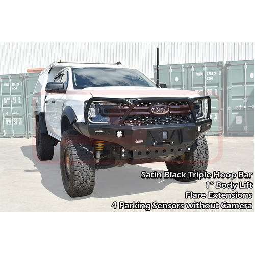 PSR Ambush Bar Ford Ranger Next Gen Ambush Satin Black Triple Hoop Bar, Infill (1" Body Lift), Splash Guards, Standard Black Fairlead, 4 Sensors, XLT