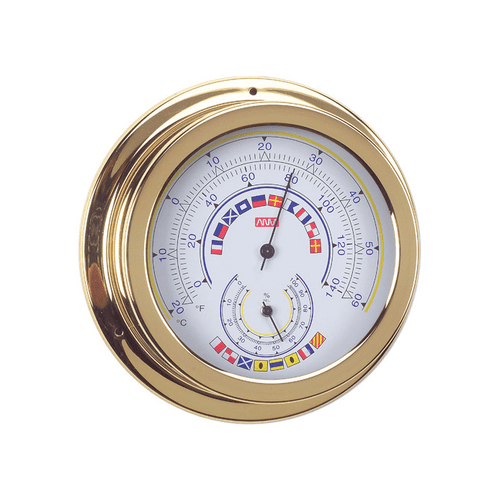 Anvi Polished Brass Thermometer & Hygrometer Combo With Flags - 120mm Dia Face