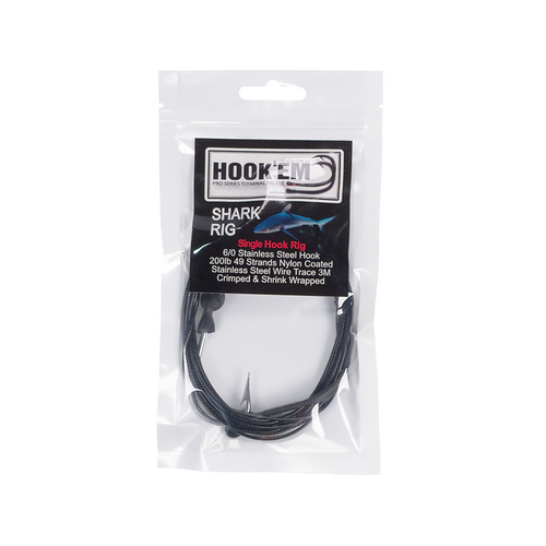 Hookem Shark Rig 6/0 Single Hook Rig Black Coated Stainless Wire 200Lb