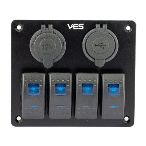 VES Switch Panel - 4 Switches + Marine Socket + USB-C Voltmeter and USB Quick Charge
